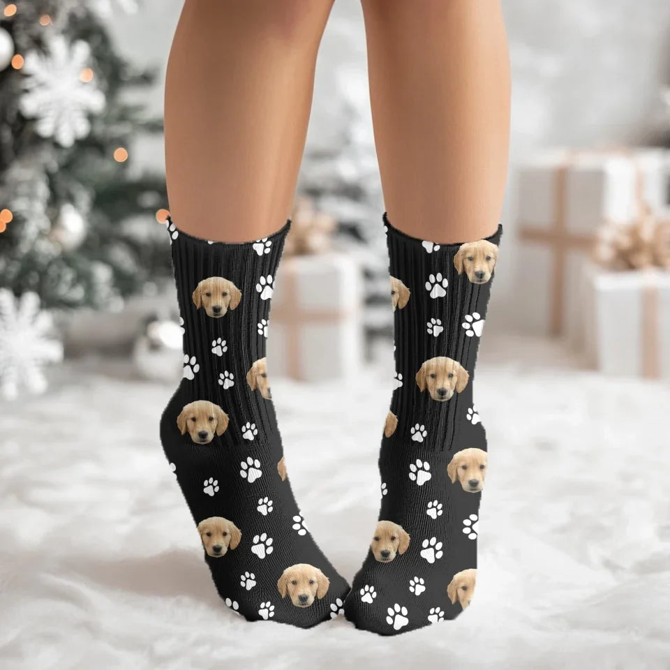 Paw Print and Pet Face Pattern Socks
