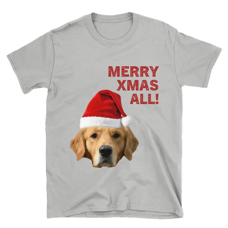 Personalized Merry Xmas Text and Pet in Santa Hat T-Shirt