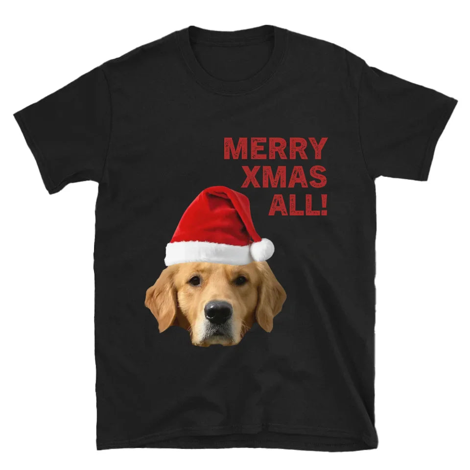 Personalized Merry Xmas Text and Pet in Santa Hat T-Shirt