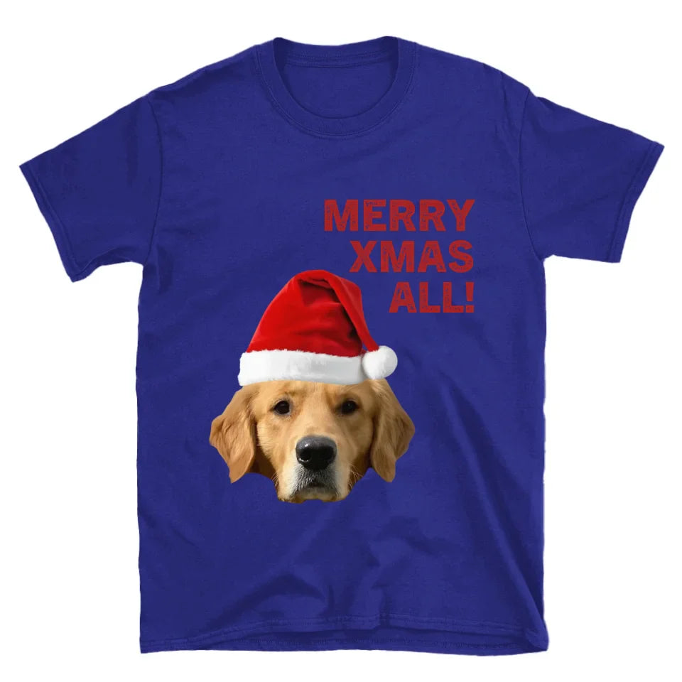 Personalized Merry Xmas Text and Pet in Santa Hat T-Shirt