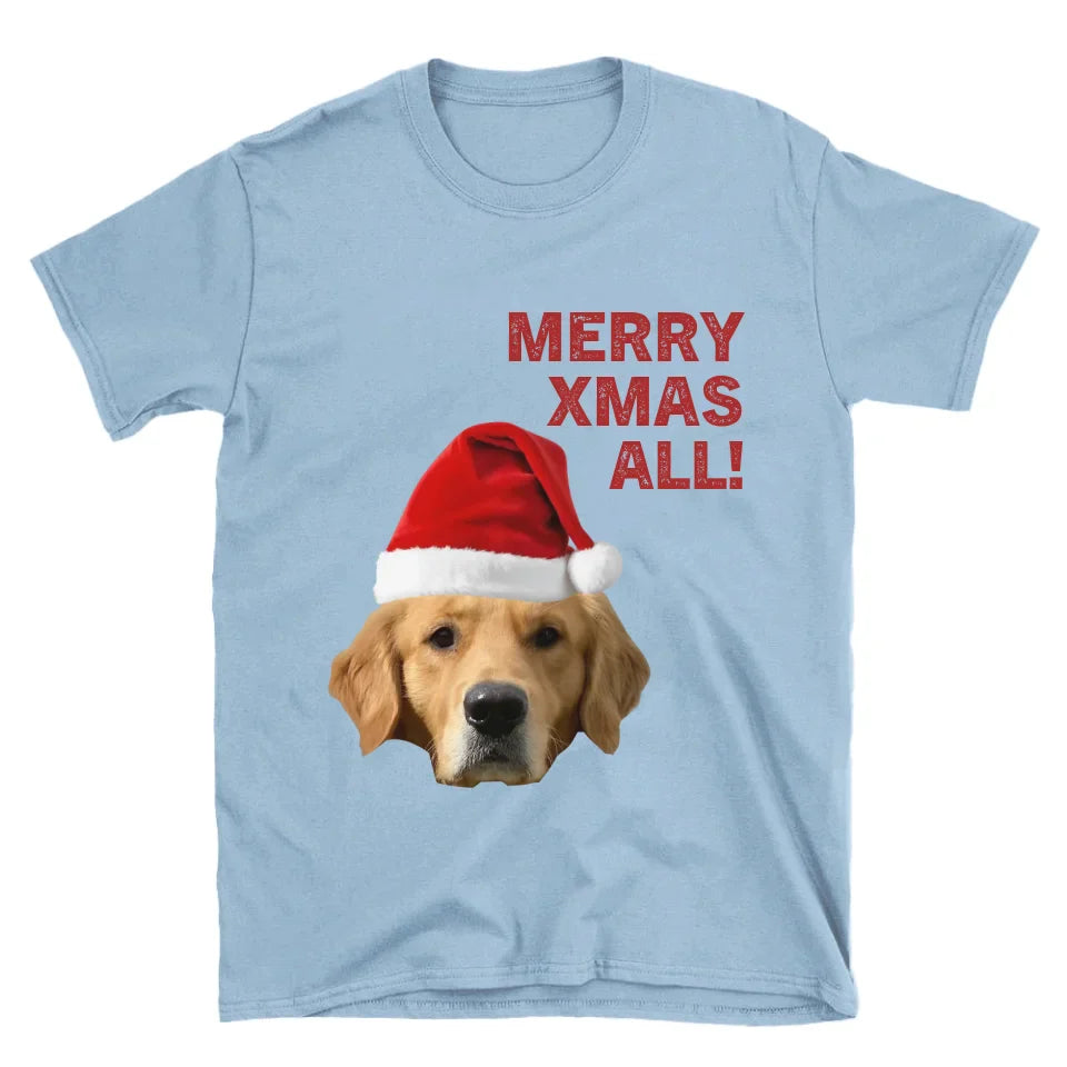 Personalized Merry Xmas Text and Pet in Santa Hat T-Shirt