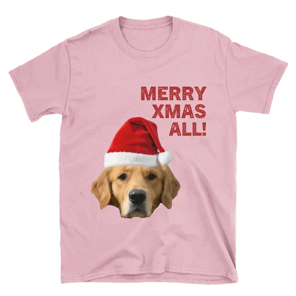Personalized Merry Xmas Text and Pet in Santa Hat T-Shirt