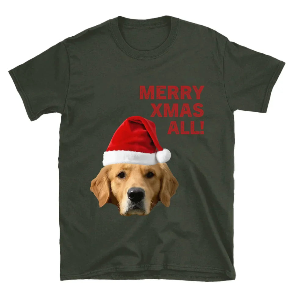 Personalized Merry Xmas Text and Pet in Santa Hat T-Shirt