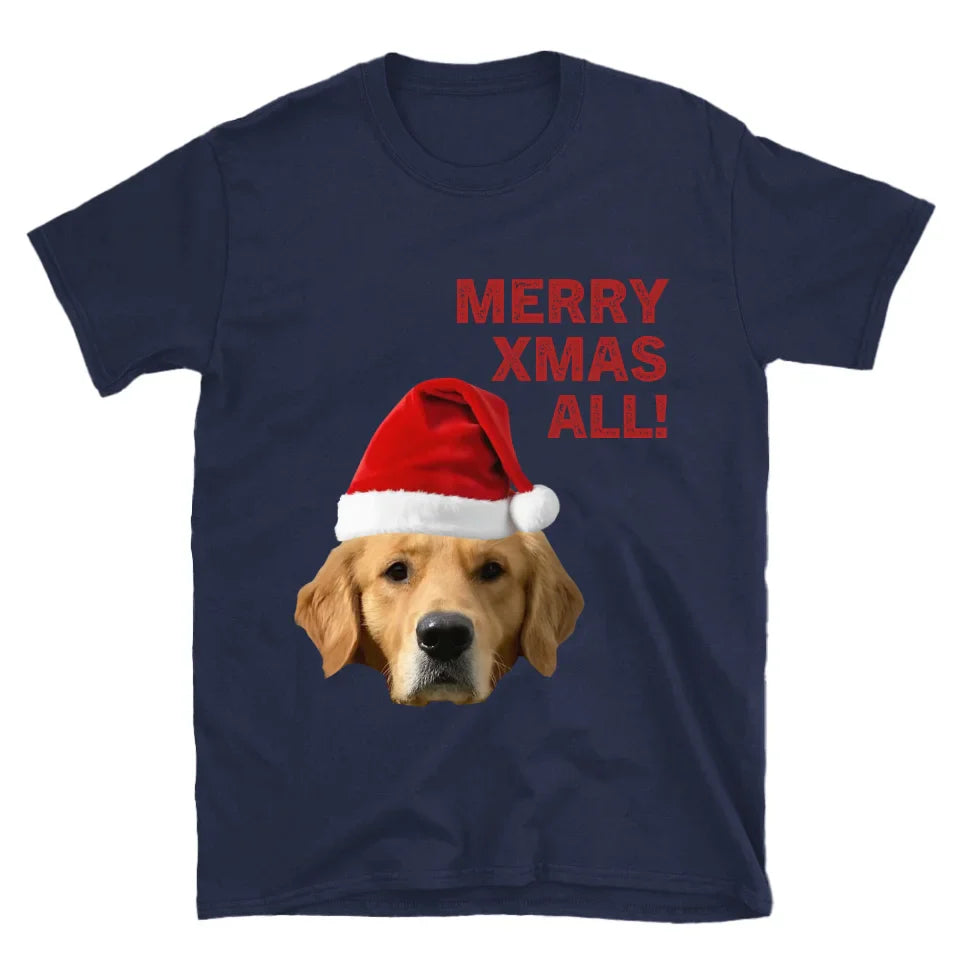 Personalized Merry Xmas Text and Pet in Santa Hat T-Shirt