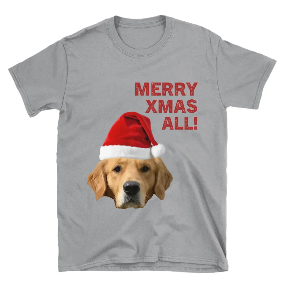 Personalized Merry Xmas Text and Pet in Santa Hat T-Shirt