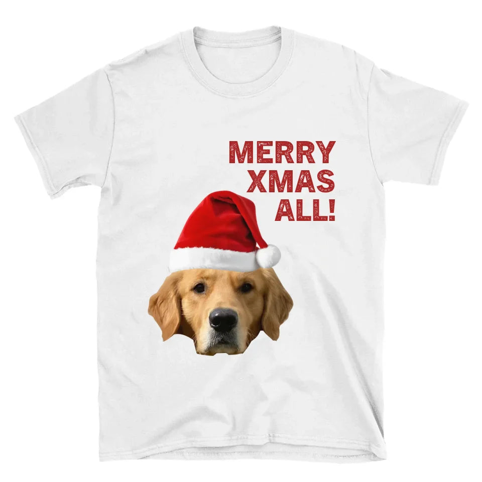Personalized Merry Xmas Text and Pet in Santa Hat T-Shirt