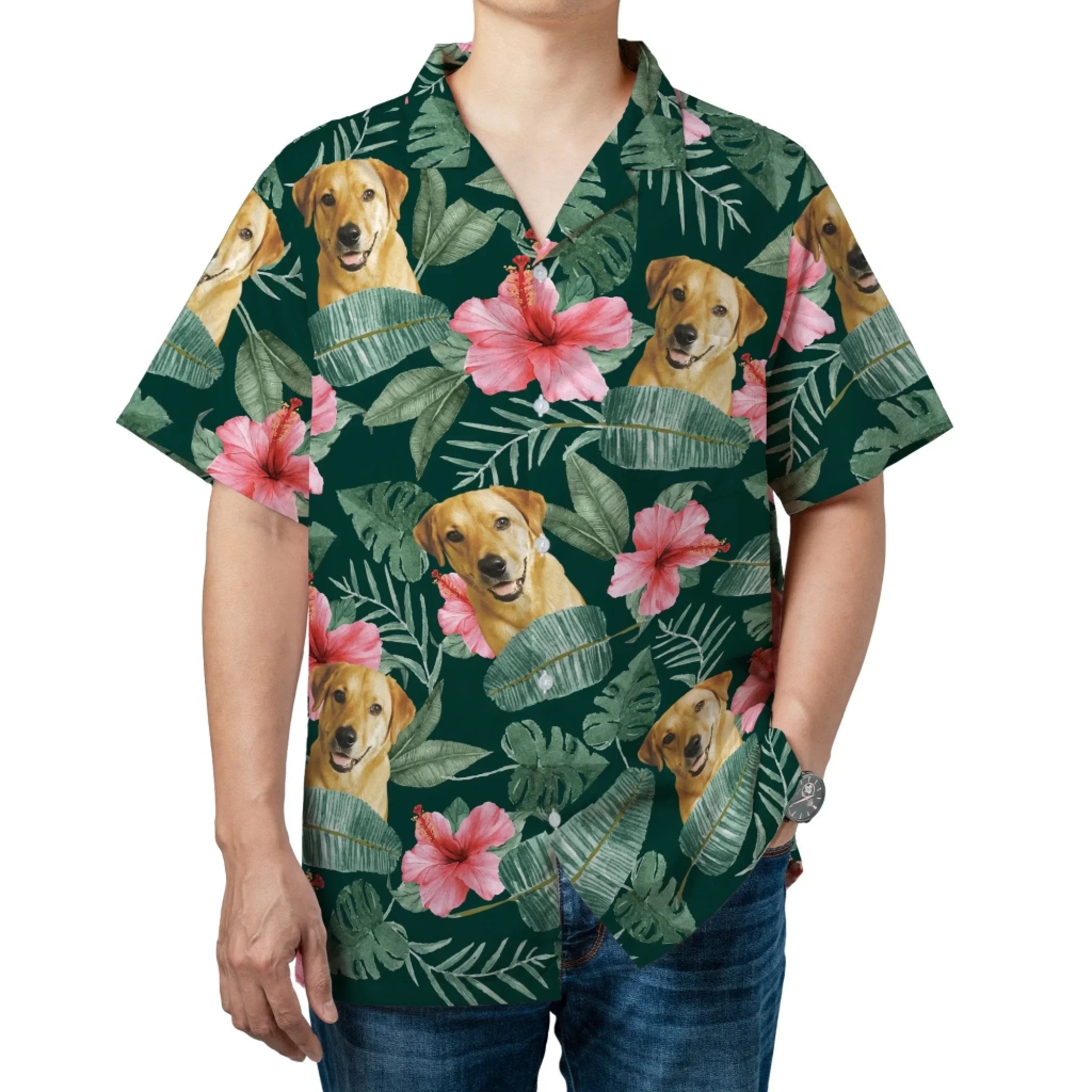 Personalized Pet Face Pattern Hawaiian Shirt (Pink Flower)