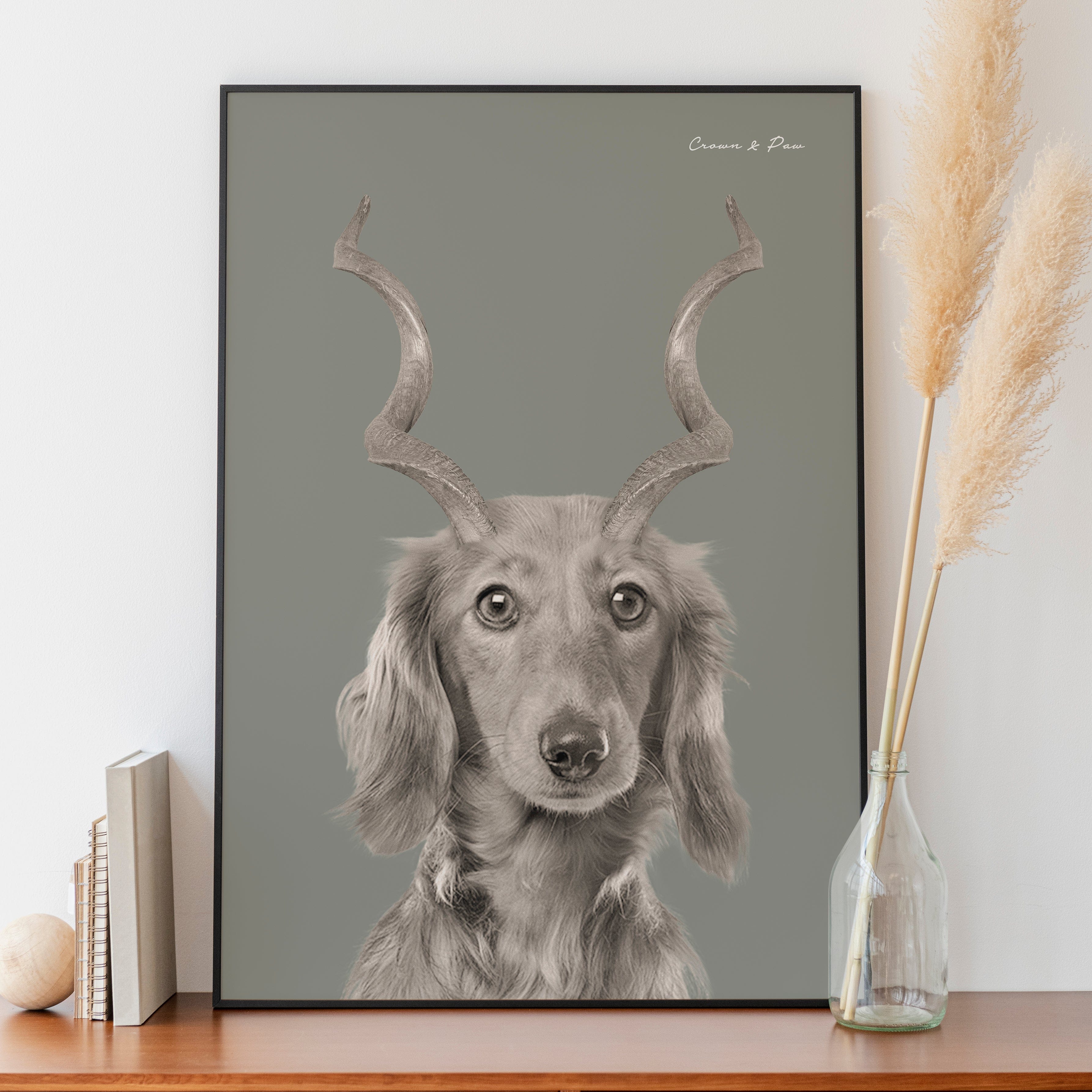 "Crown and Paw - Canvas Gazelle Antlers Pet Portrait - Custom Canvas 8"" x 10"" / Green"