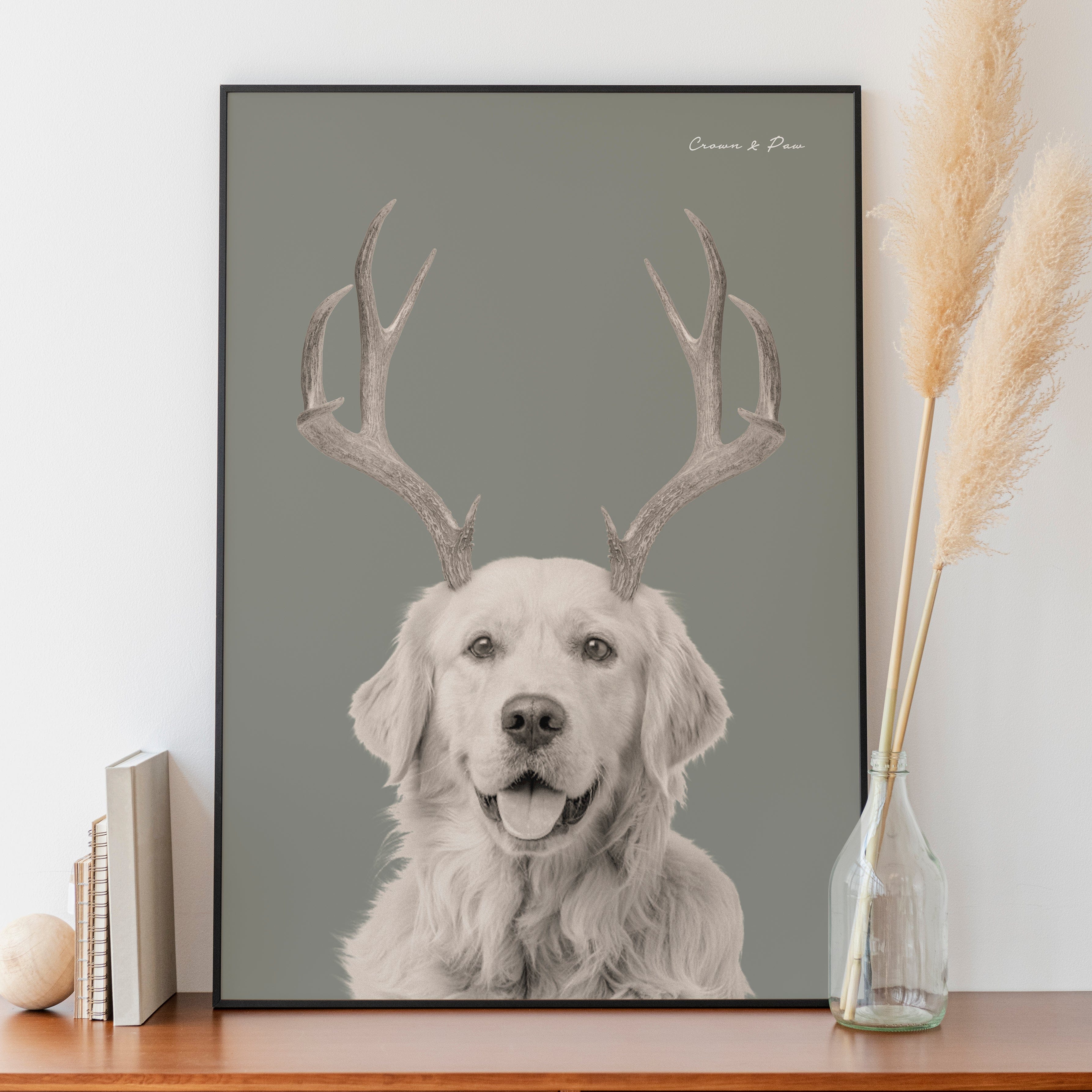 "Crown and Paw - Canvas Elk Antlers Pet Portrait - Custom Canvas 8"" x 10"" / Green"