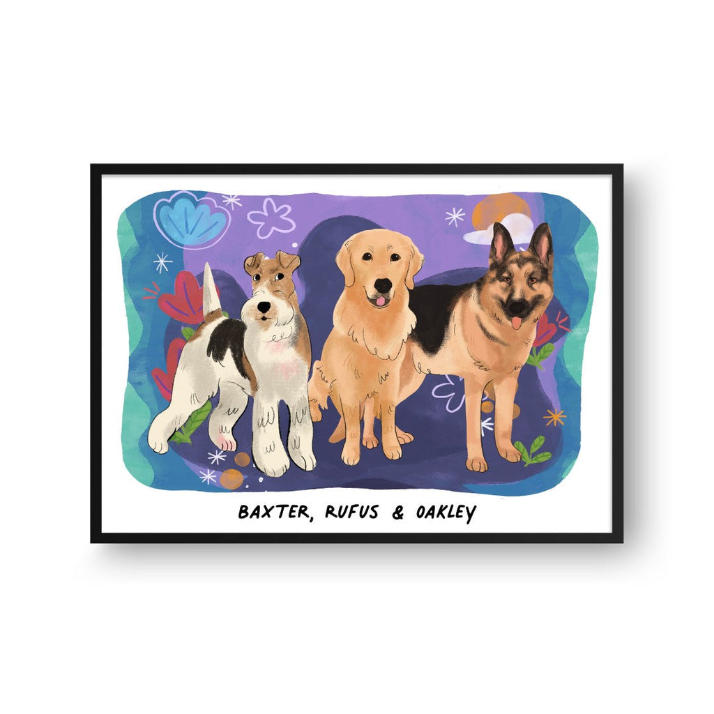 "Premium Watercolor Pet Portrait - Three Pets, Framed Poster"
