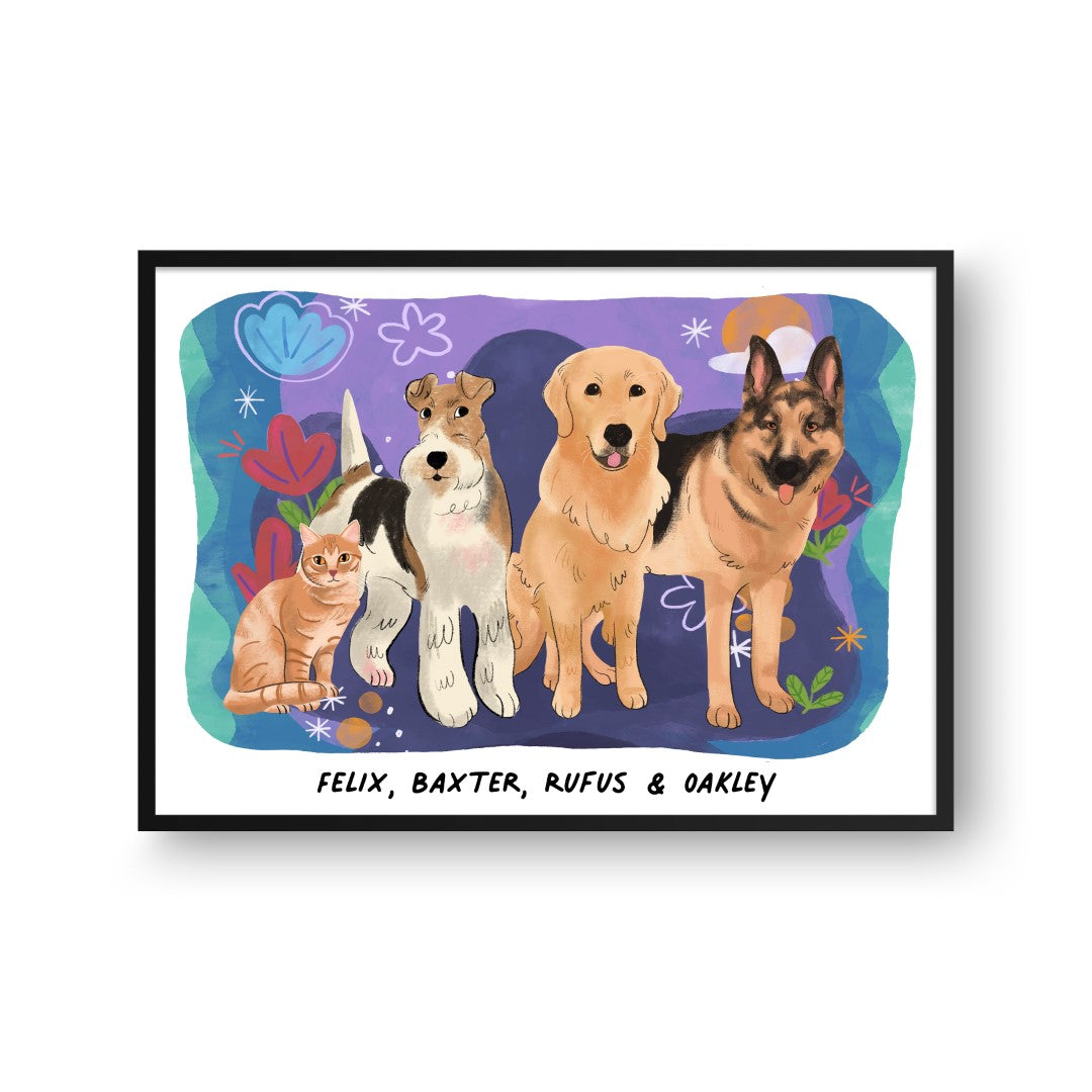 "Premium Watercolor Pet Portrait - Four Pets, Framed Poster"
