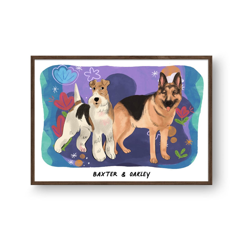 "Premium Watercolor Pet Portrait - Two Pets, Framed Poster"