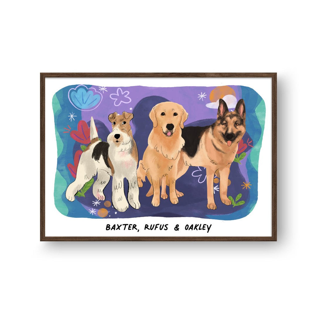 "Premium Watercolor Pet Portrait - Three Pets, Framed Poster"