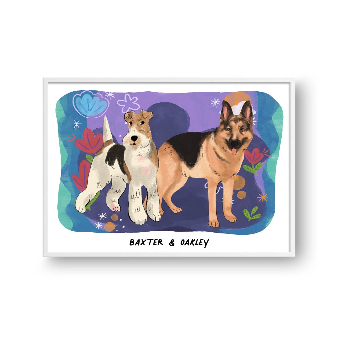 "Premium Watercolor Pet Portrait - Two Pets, Framed Poster"