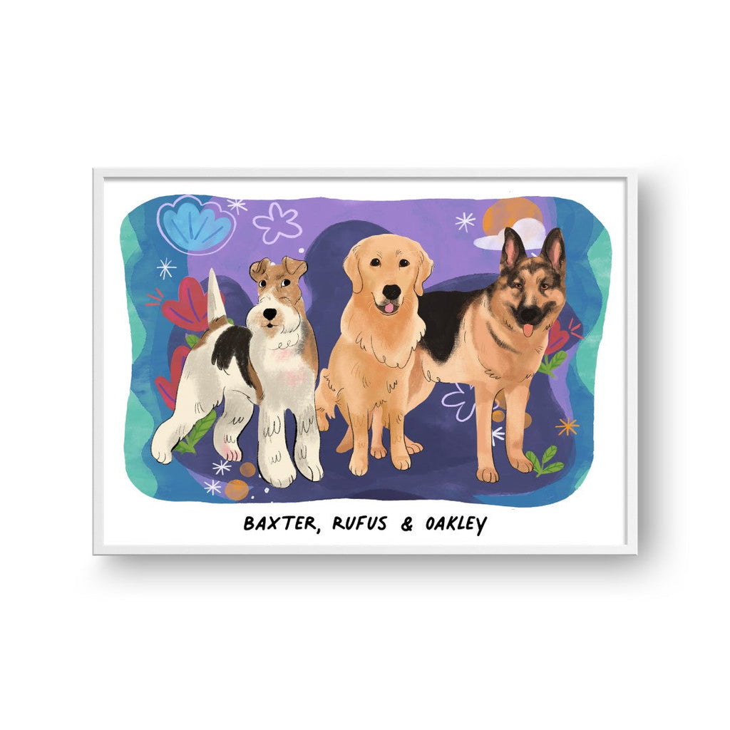 "Premium Watercolor Pet Portrait - Three Pets, Framed Poster"