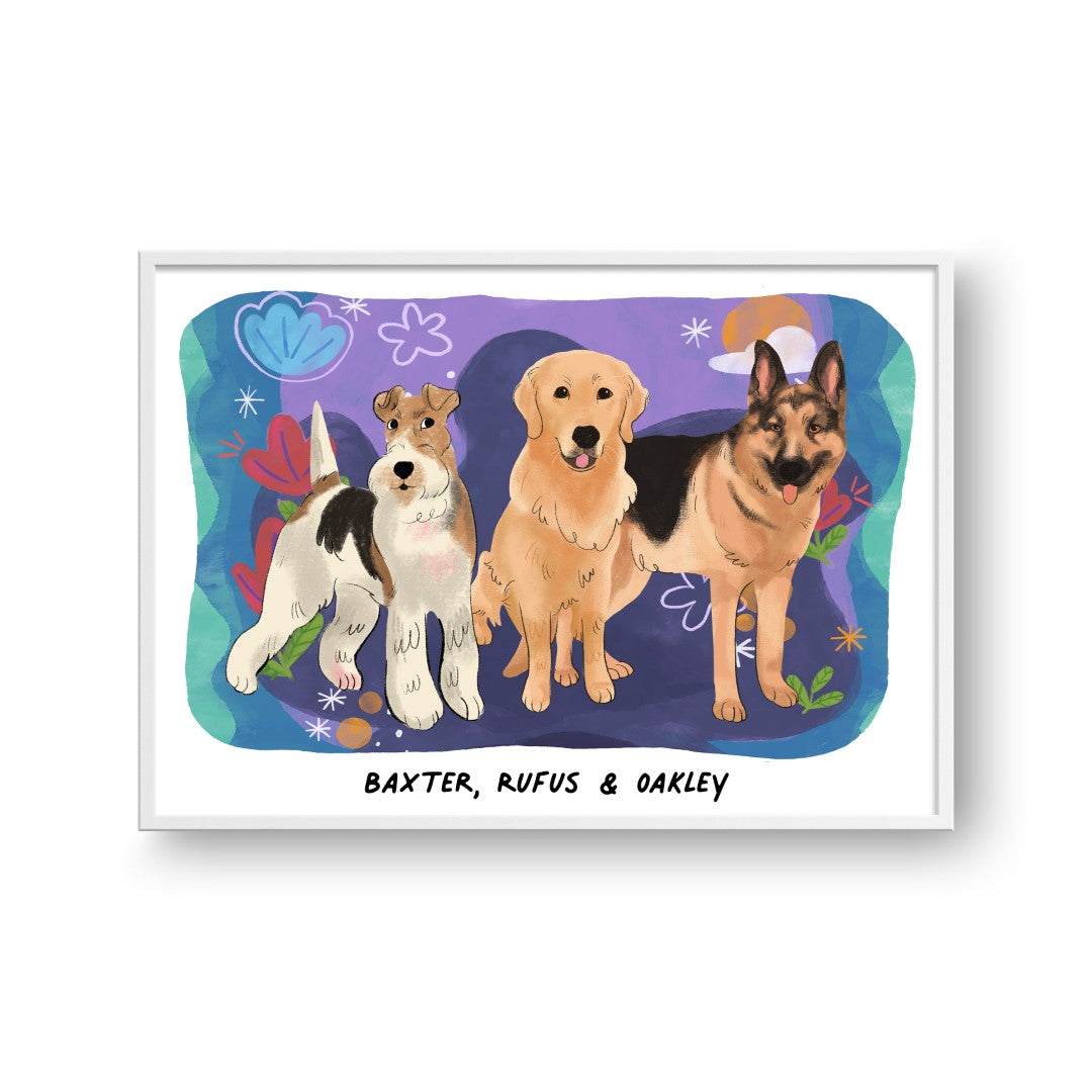 "Premium Watercolor Pet Portrait - Three Pets, Framed Poster"