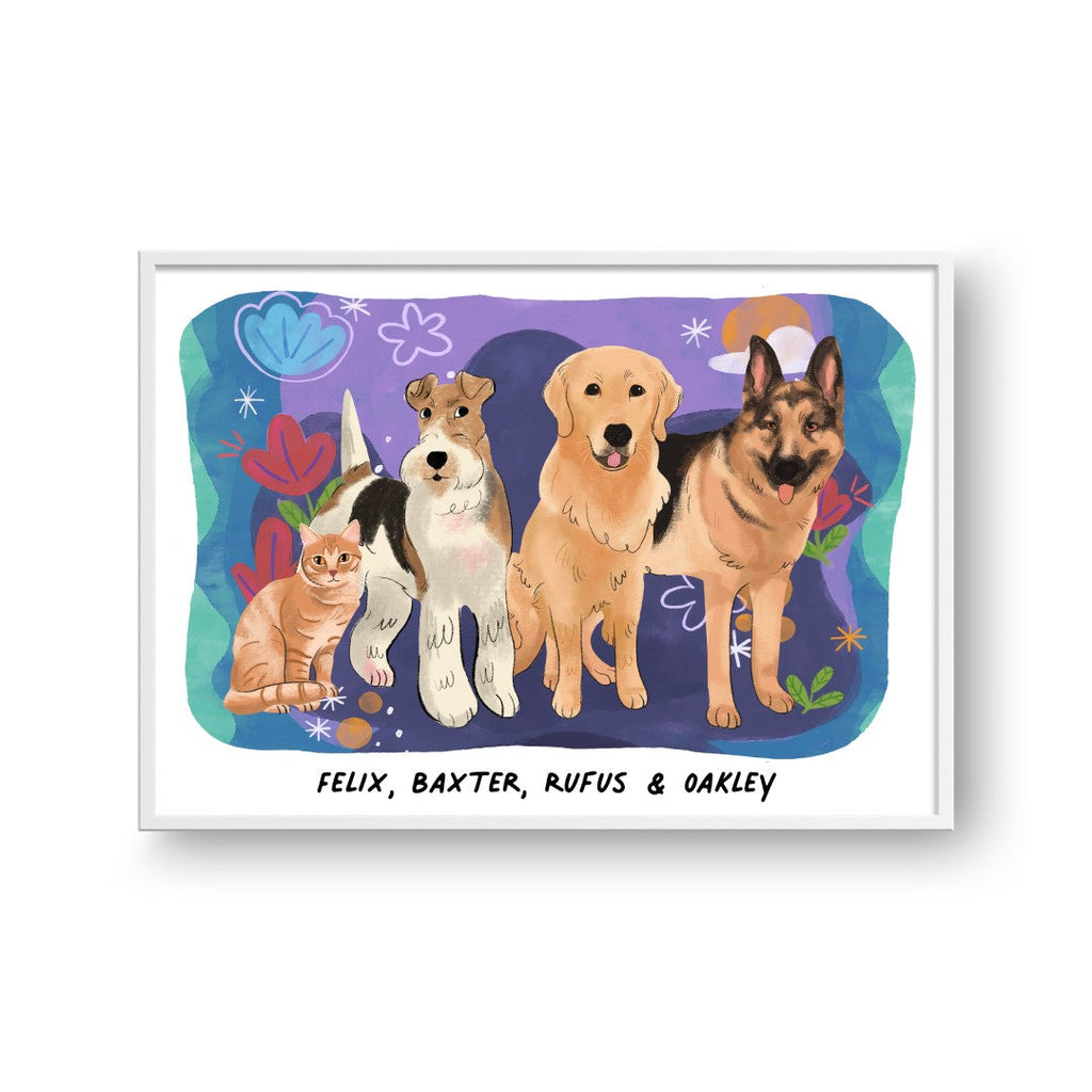 "Premium Watercolor Pet Portrait - Four Pets, Framed Poster"