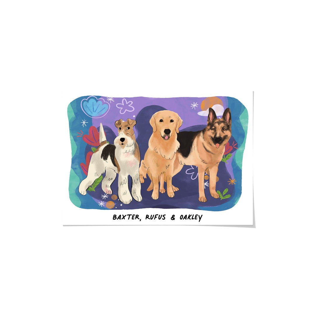 "Premium Watercolor Pet Portrait - Three Pets, Framed Poster"