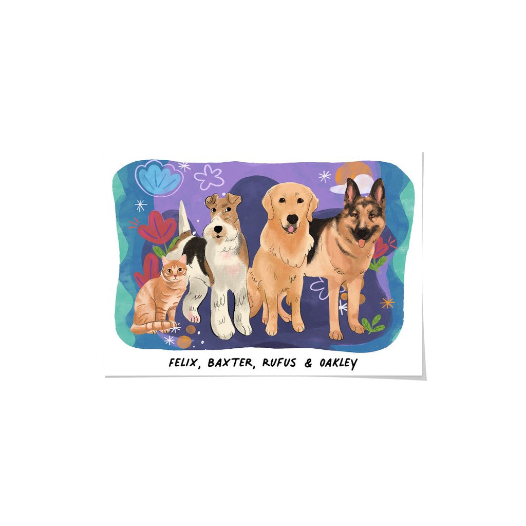 "Premium Watercolor Pet Portrait - Four Pets, Framed Poster"