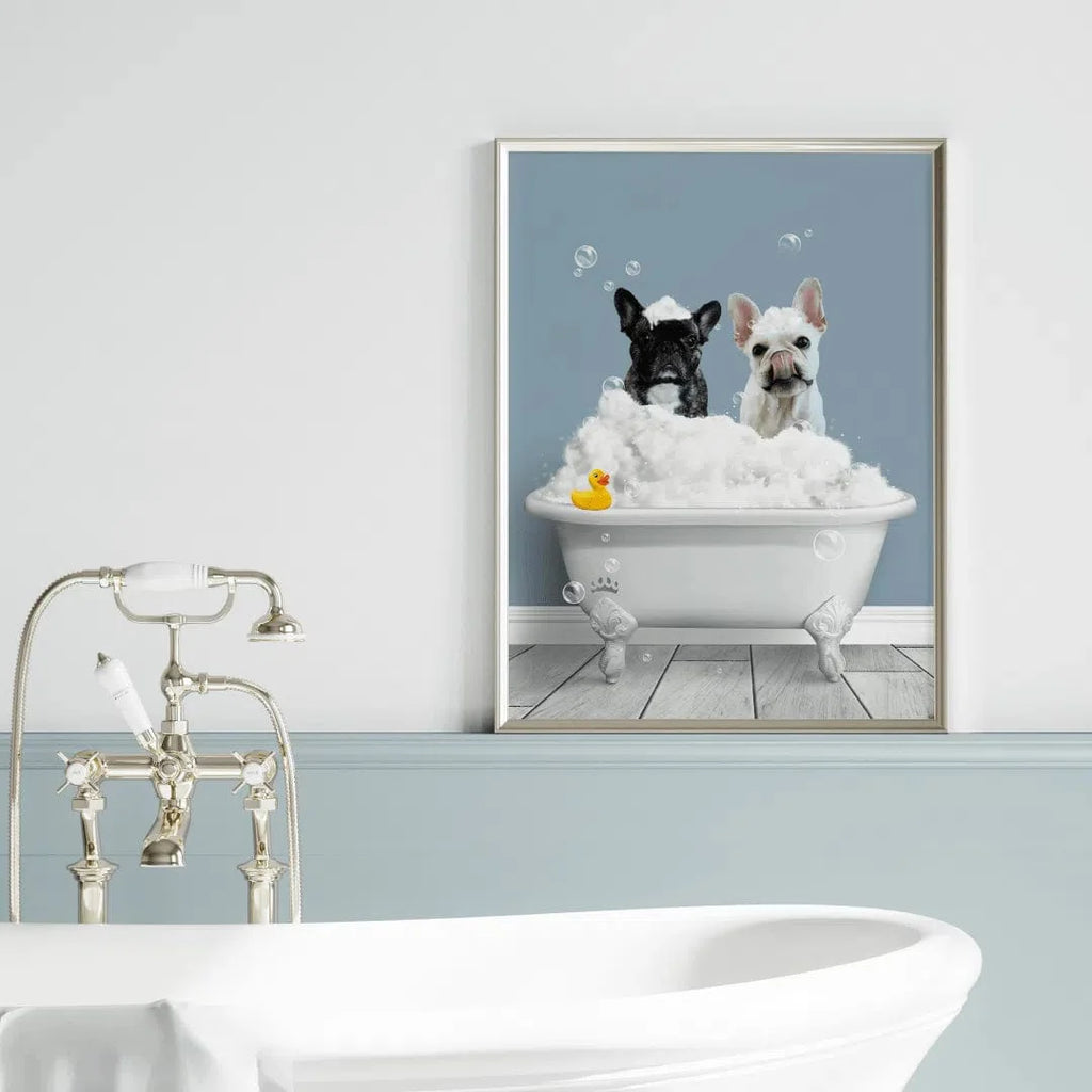 "Crown and Paw - Canvas Bath Tub Pet Portrait (Two Pets) - Custom Pet Art Canvas 8"" x 10"" / Blue / Without Curtain"