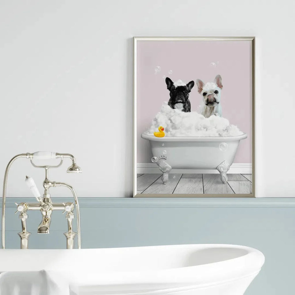 "Crown and Paw - Canvas Bath Tub Pet Portrait (Two Pets) - Custom Pet Art Canvas 8"" x 10"" / Soft Pink / Without Curtain"