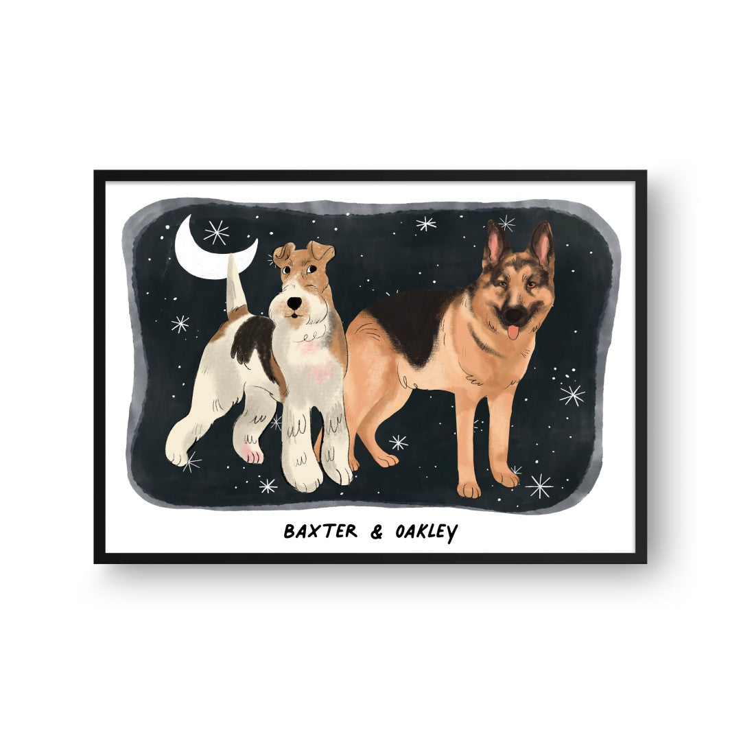 "Premium Watercolor Pet Portrait - Two Pets, Framed Poster"