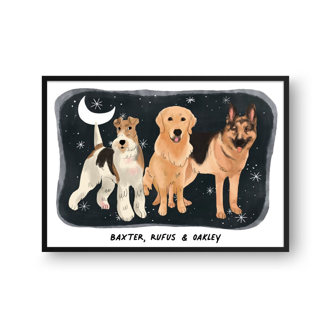 "Premium Watercolor Pet Portrait - Three Pets, Framed Poster"