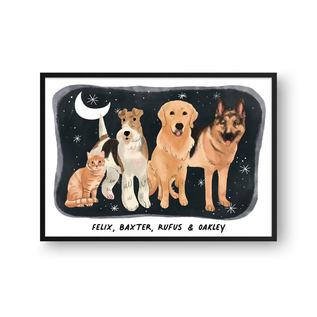 "Premium Watercolor Pet Portrait - Four Pets, Framed Poster"