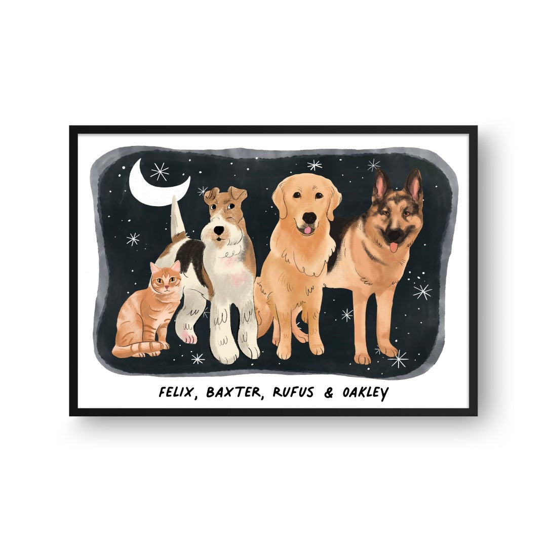 "Premium Watercolor Pet Portrait - Four Pets, Framed Poster"