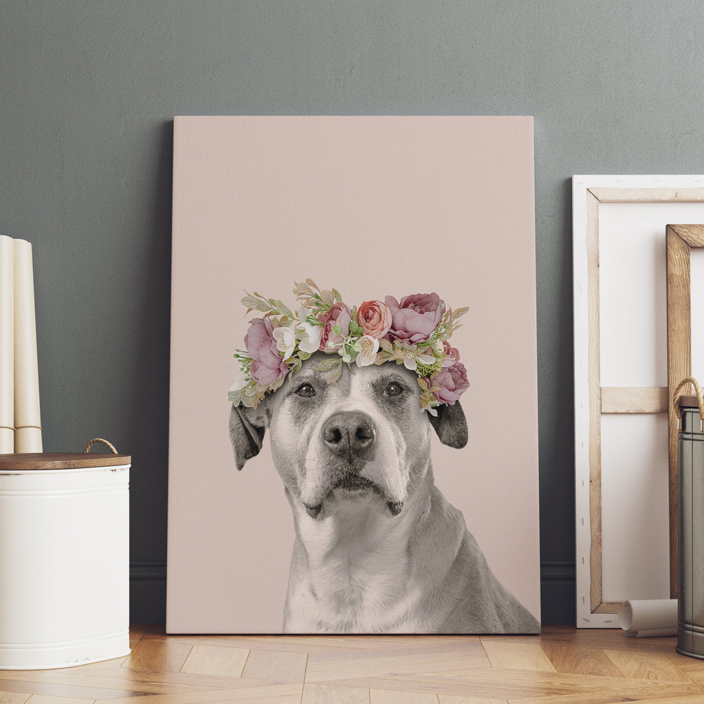 "Crown and Paw - Canvas Floral Crown Pet Portrait - Custom Canvas 8"" x 10"" / Soft Pink"
