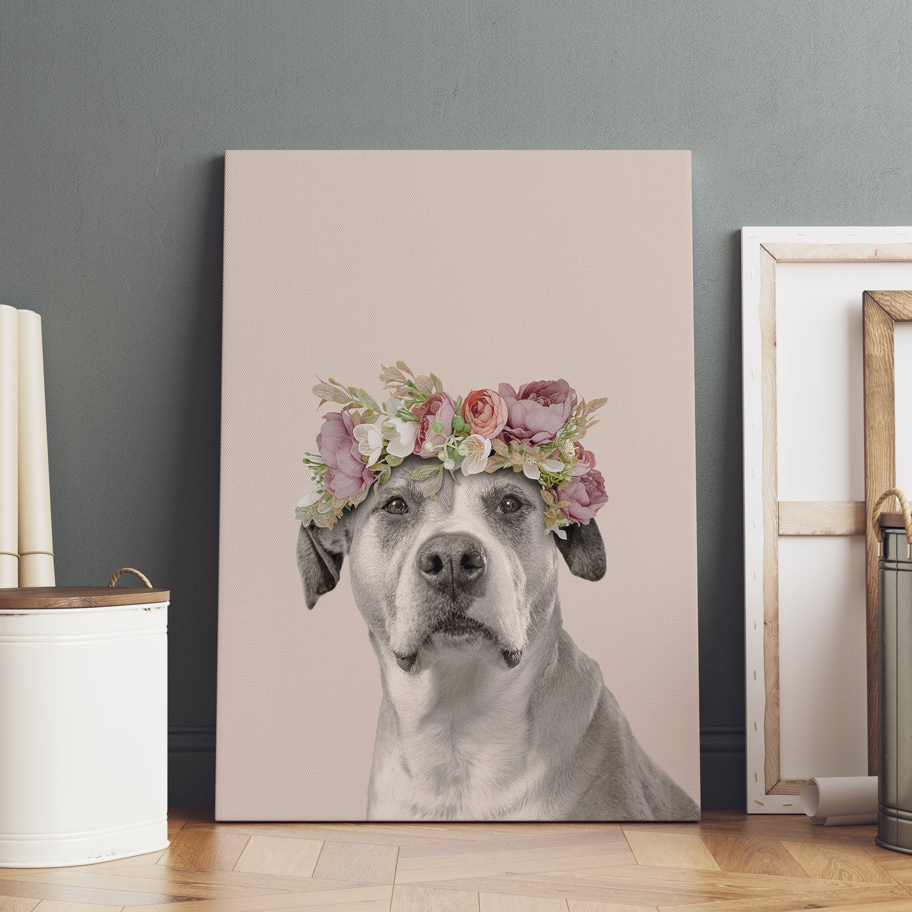 "Crown and Paw - Canvas Floral Crown Pet Portrait - Custom Canvas 8"" x 10"" / Soft Pink"