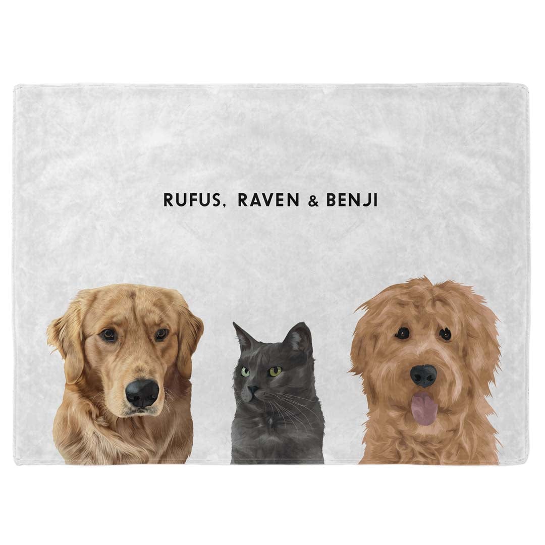 "Crown and Paw - Blanket Modern Pet Face Blanket - Three Pets 30"" x 40"" / With Name"