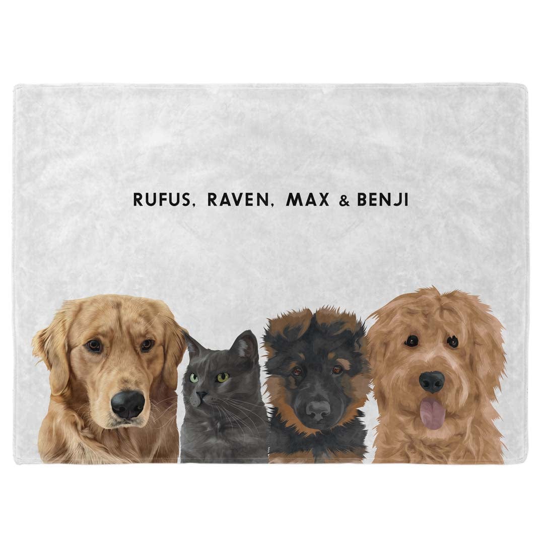 "Crown and Paw - Blanket Modern Pet Face Blanket - Four Pets 30"" x 40"" / With Name"