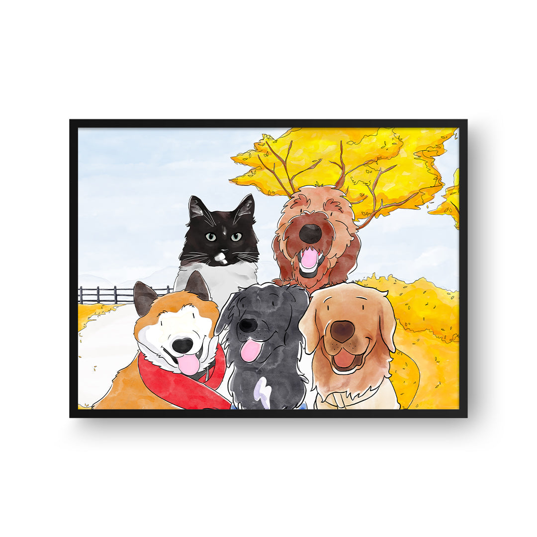 "Watercolor Pet Portrait - Five Pets, Framed Poster"