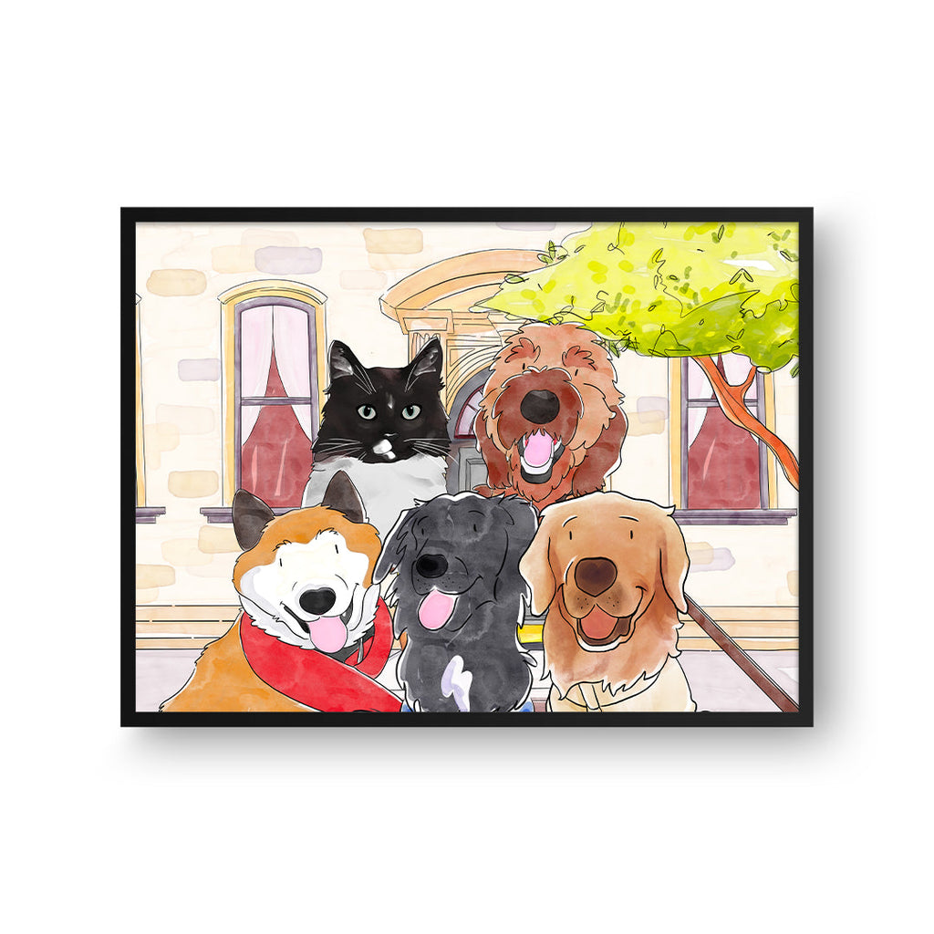 "Watercolor Pet Portrait - Five Pets, Framed Poster"