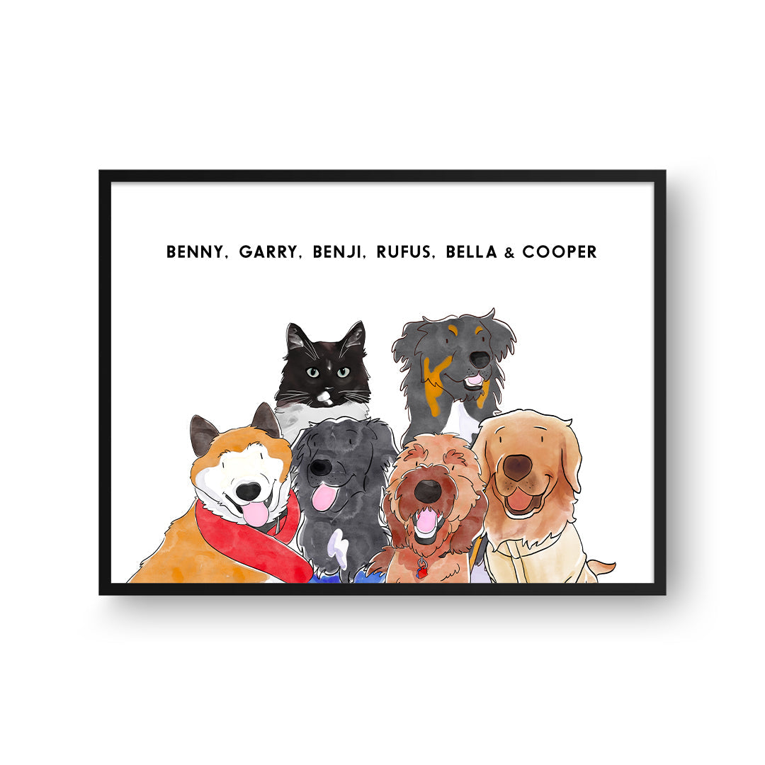 "Watercolor Pet Portrait - Six Pets, Framed Poster"