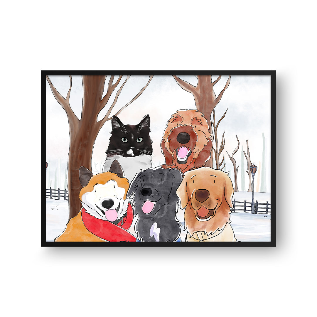 "Watercolor Pet Portrait - Five Pets, Framed Poster"