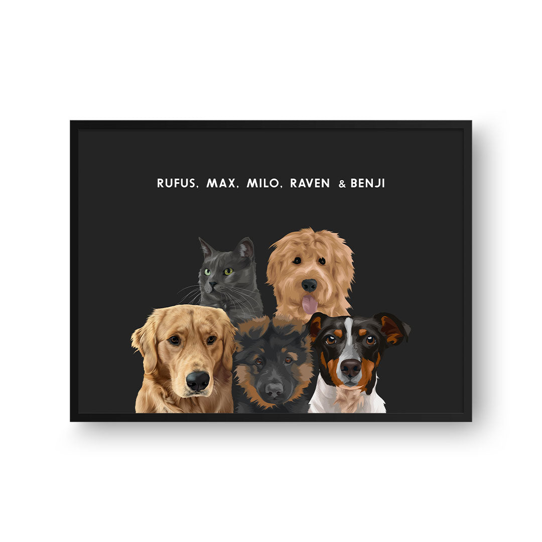 "Modern Pet Portrait - Five Pets, Framed Poster"