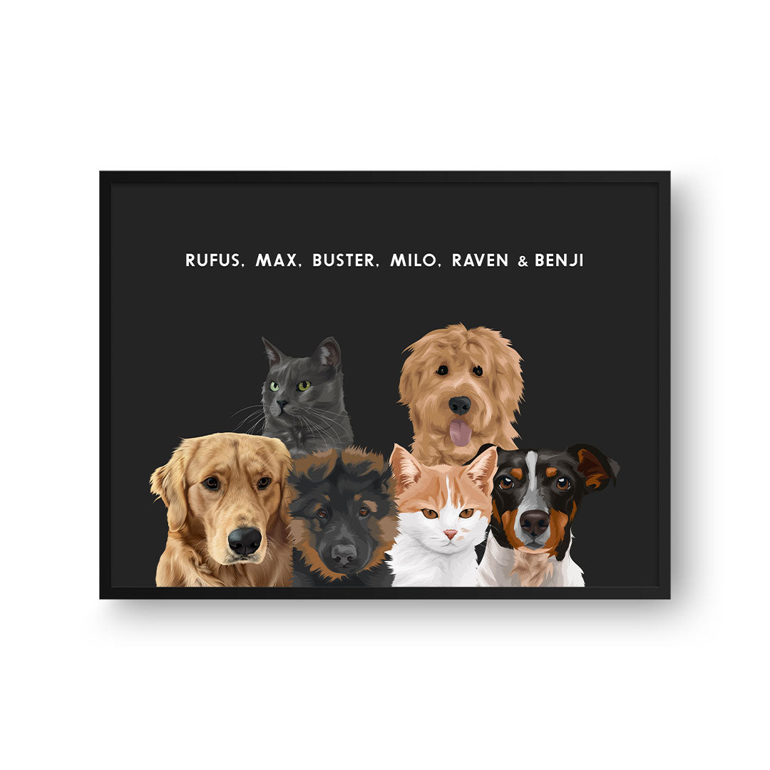 "Modern Pet Portrait - Six Pets, Framed Poster"