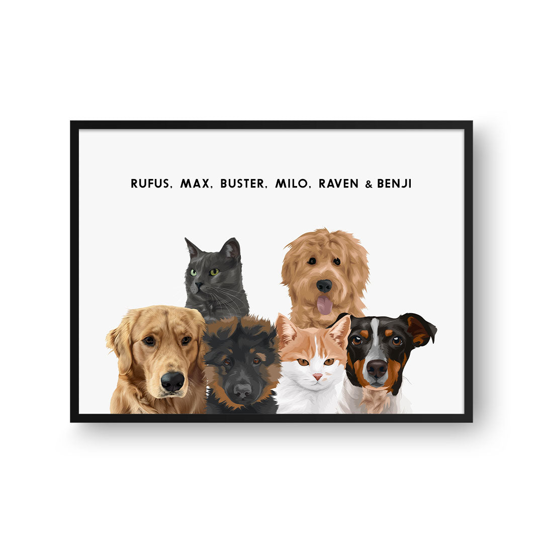 "Modern Pet Portrait - Six Pets, Framed Poster"
