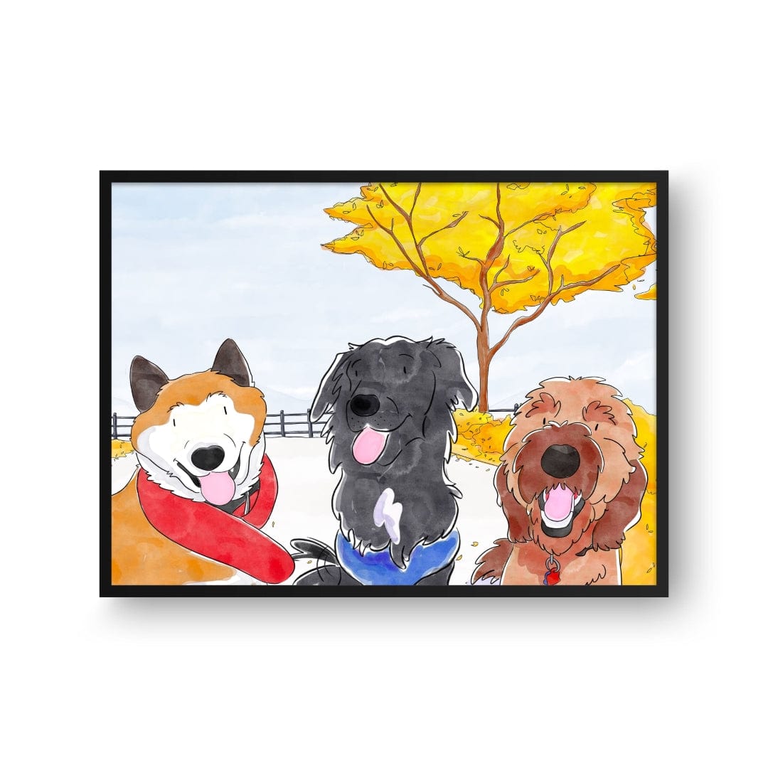 "Crown and Paw - Framed Poster Watercolor Pet Portrait - Three Pets, Framed Poster"