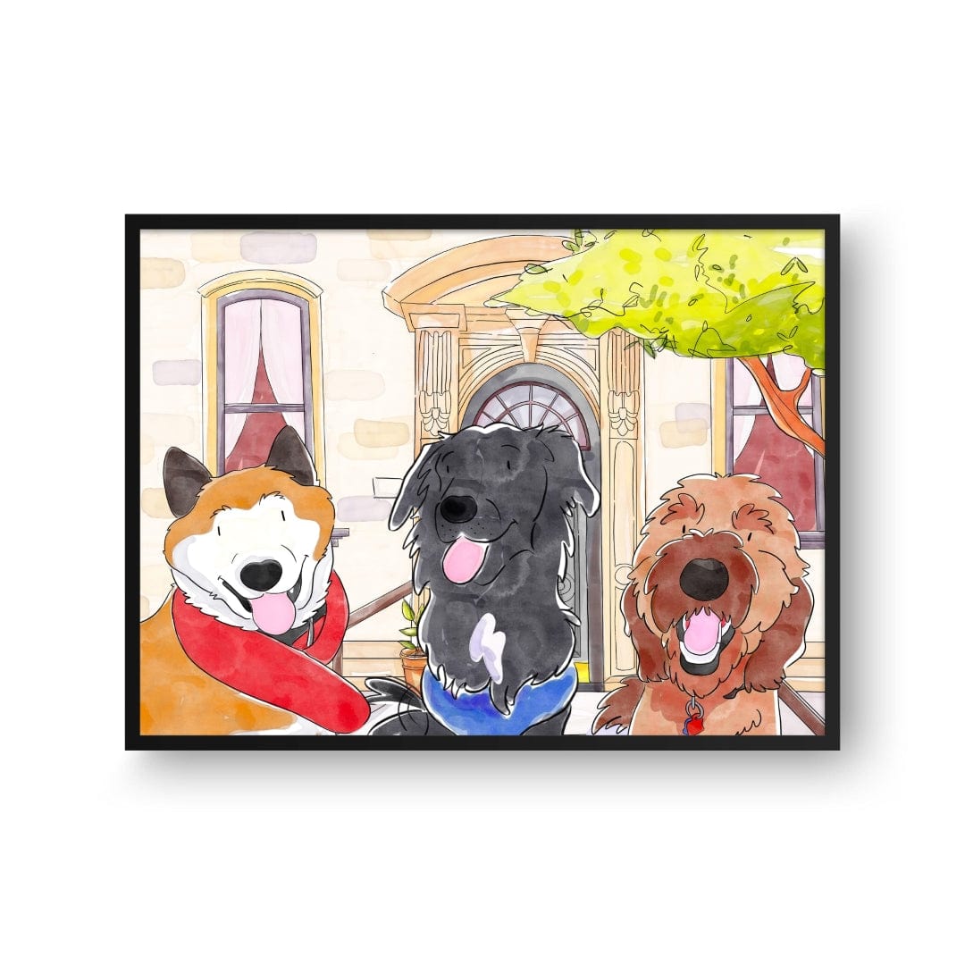 "Crown and Paw - Framed Poster Watercolor Pet Portrait - Three Pets, Framed Poster"