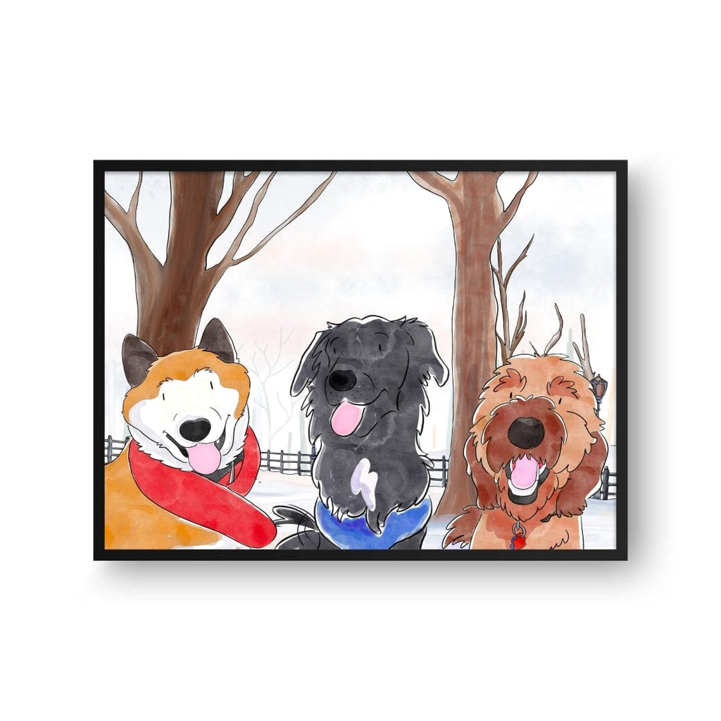 "Crown and Paw - Framed Poster Watercolor Pet Portrait - Three Pets, Framed Poster"