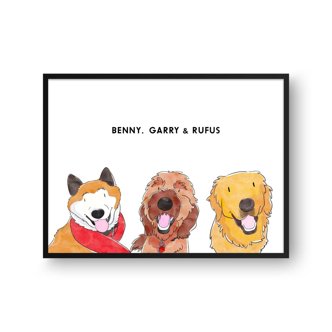 Crown and Paw - Framed Poster Watercolor Pet Portrait - Three Pets