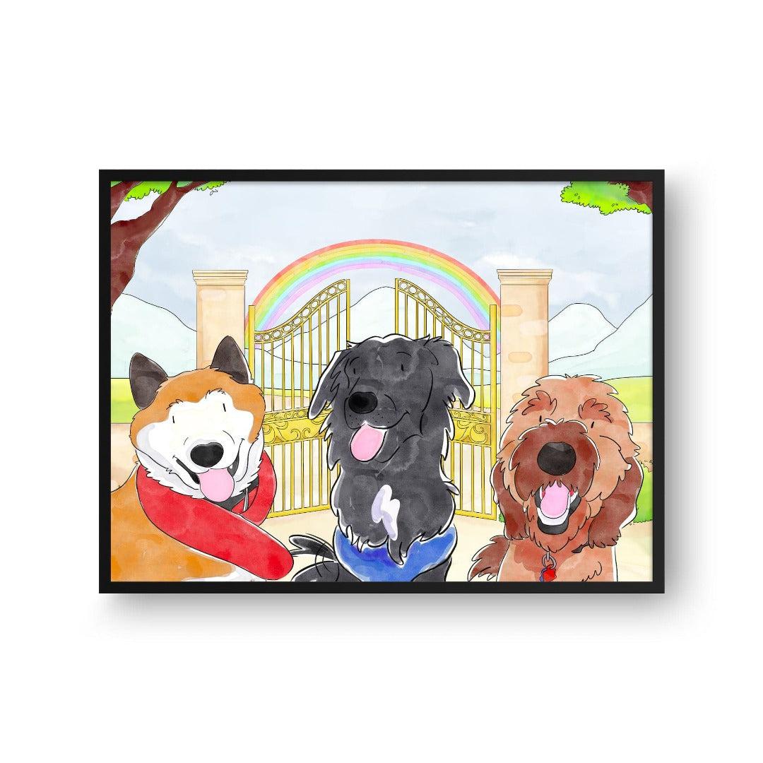 "Crown and Paw - Framed Poster Watercolor Pet Portrait - Three Pets, Framed Poster 10"" x 8"" / Black / Rainbow Bridge"
