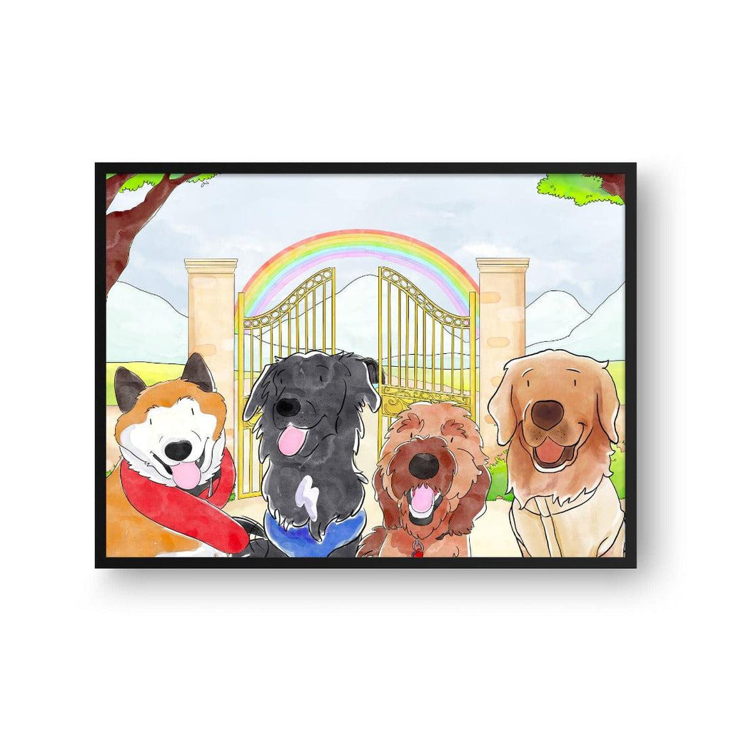 "Crown and Paw - Framed Poster Watercolor Pet Portrait - Four Pets, Framed Poster 10"" x 8"" / Black / Rainbow Bridge"