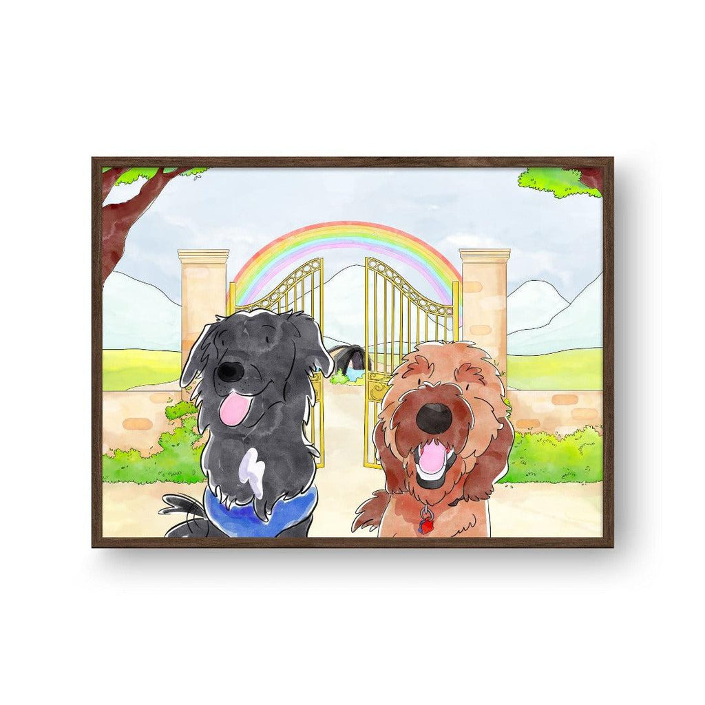 "Crown and Paw - Framed Poster Watercolor Pet Portrait - Two Pets, Framed Poster 10"" x 8"" / Walnut / Rainbow Bridge"