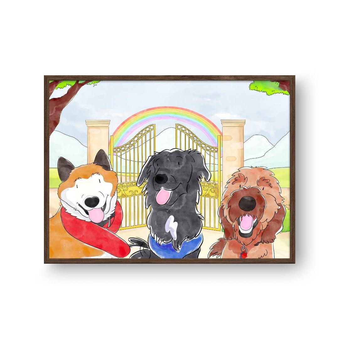 "Crown and Paw - Framed Poster Watercolor Pet Portrait - Three Pets, Framed Poster 10"" x 8"" / Walnut / Rainbow Bridge"