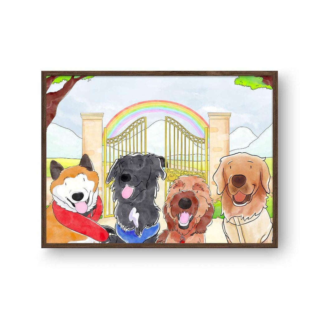 "Crown and Paw - Framed Poster Watercolor Pet Portrait - Four Pets, Framed Poster 10"" x 8"" / Walnut / Rainbow Bridge"