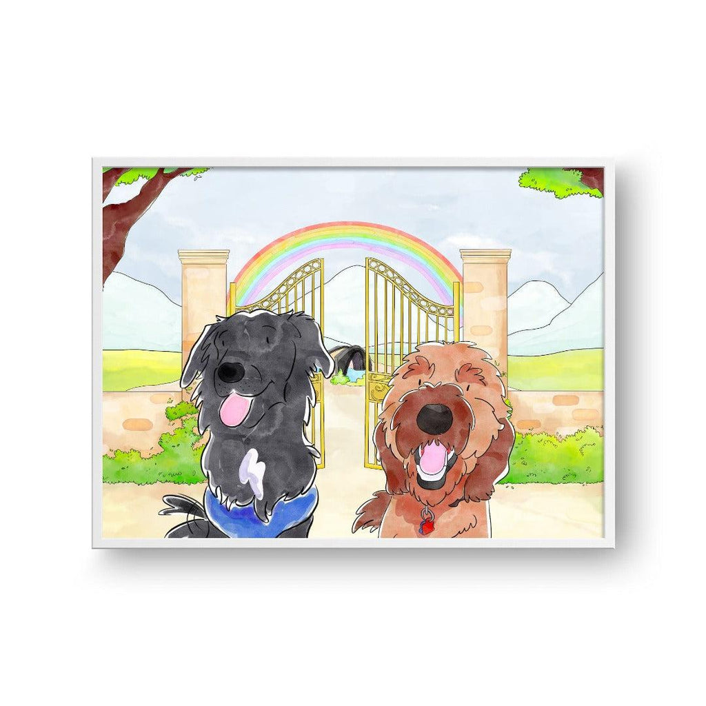 "Crown and Paw - Framed Poster Watercolor Pet Portrait - Two Pets, Framed Poster 10"" x 8"" / White / Rainbow Bridge"